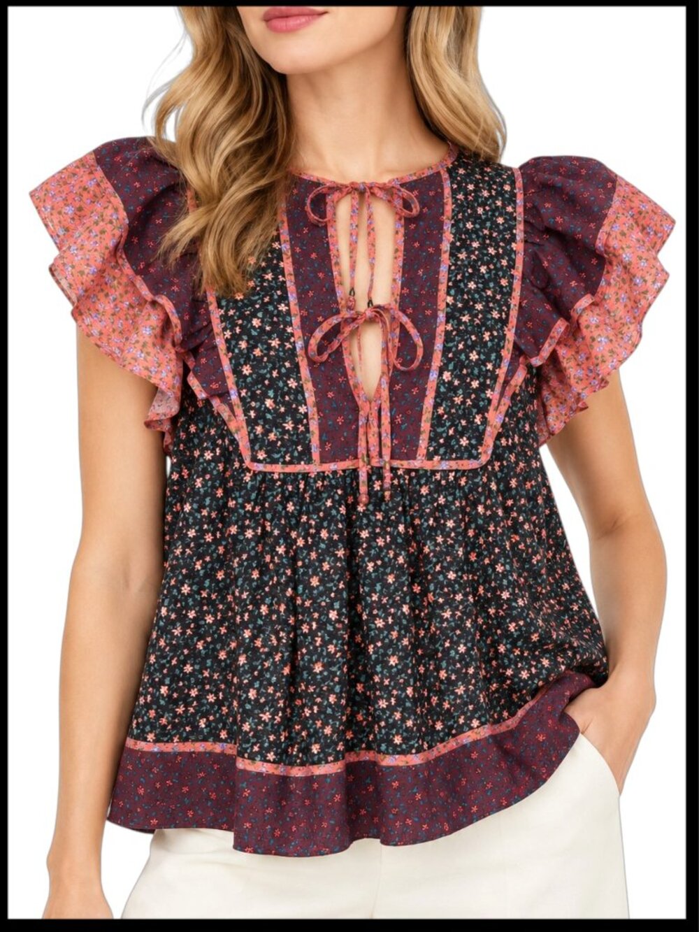 Ulla Johnson Cora Top Auburn Black Pink Floral Babydoll Blouse 4